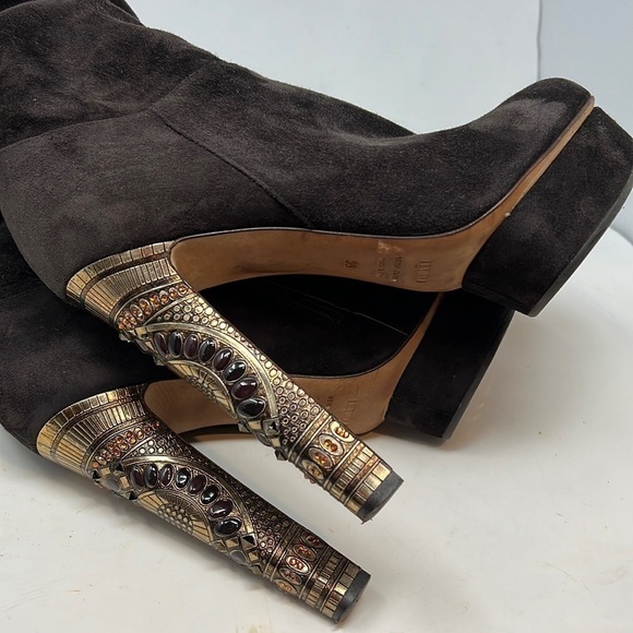 Le Silla 39/US 9 Brown Suede Metal Crystal Embellished Platform Tall Boots - Picture 14 of 16